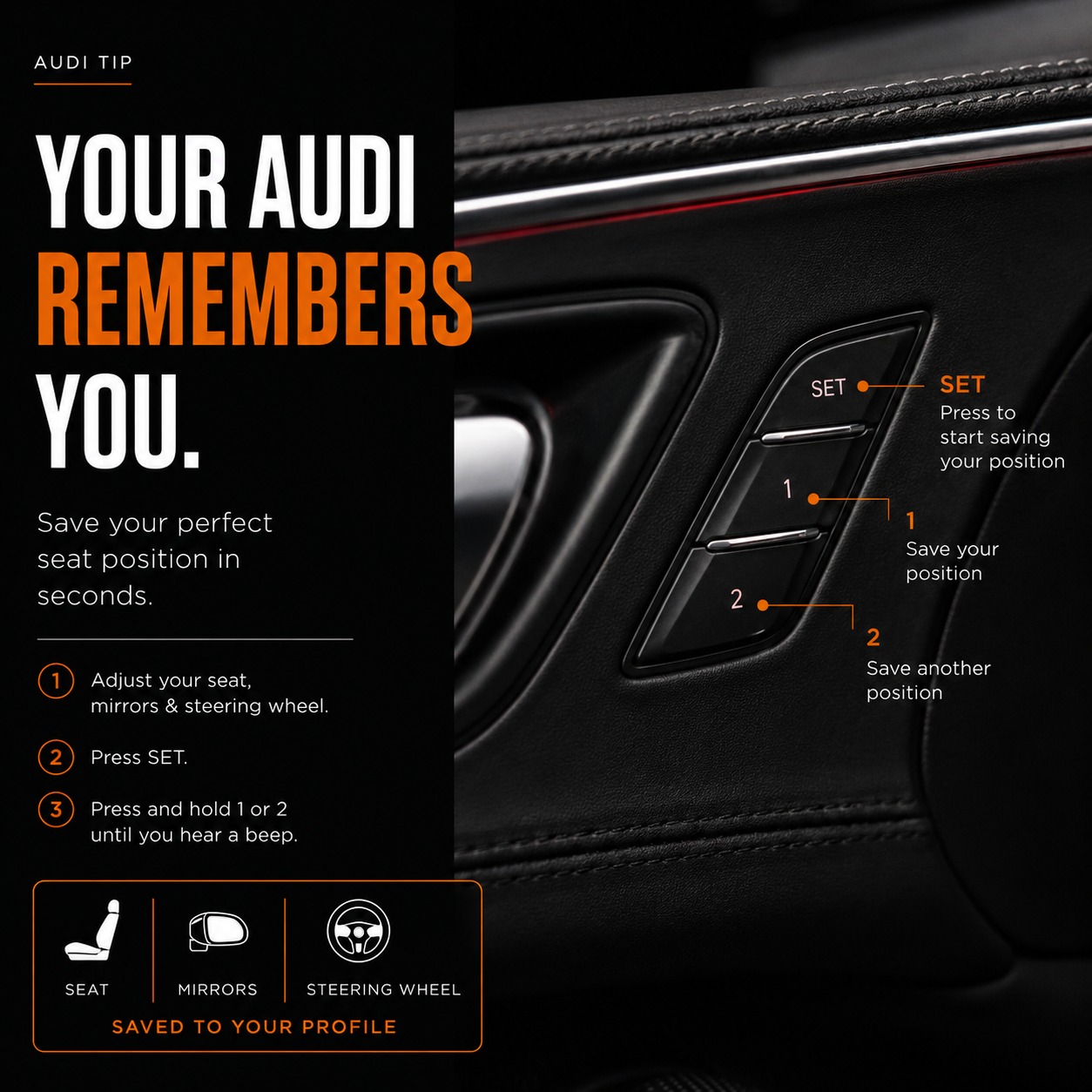 If your husband, kids, valet, or literally anyone else keeps moving your Audi seat settings… this one’s for you ? 

Your Audi can actually remember YOUR perfect driving position. 

✔ Seat position 
✔ Mirrors 
✔ Steering wheel settings (on equipped models) 

Just: 

Adjust everything how you like it 

Press SET 

Hold 1 or 2 until you hear the beep 

No more spending 5 minutes fixing your seat in the school pickup line ? 

Tiny feature. Huge daily life upgrade. 

Follow Euro Tech Motors for simple Audi & Porsche features nobody ever explained to owners.
