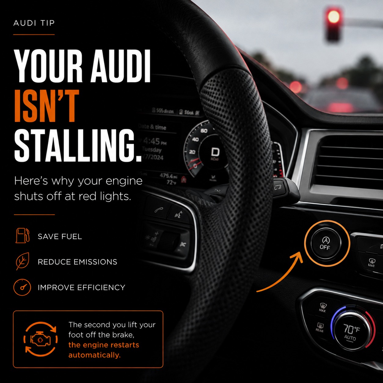 If your Audi shuts off at stop lights… don’t panic ? 

That’s your Auto Start/Stop system working. 

Your engine temporarily turns off to: 
✔ Save fuel 
✔ Reduce emissions 
✔ Improve efficiency 

The second you lift your foot off the brake, the engine restarts automatically. 

Some owners love it. 
Some immediately turn it off every drive ? 

Either way… now you know what it does. 

Follow Euro Tech Motors for simple Audi & Porsche features nobody explained to owners.